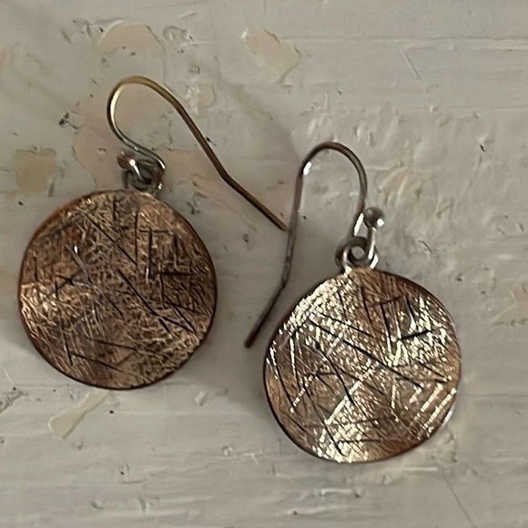 1” gold tone round textured medallion dangle earrings on hypoallergenic wires - Picture 4 of 13